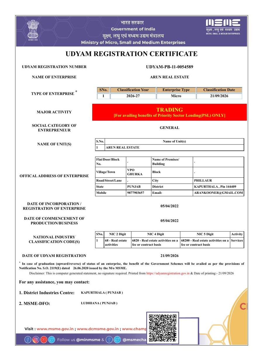 Udyam Registration Certificate